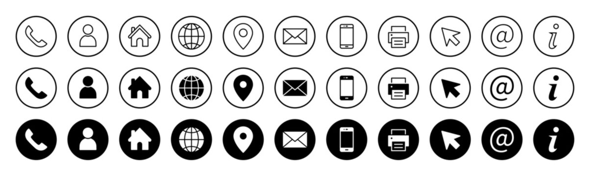 Visiting card contact icon set. Phone, call, location, globe, email, user, home icons for web website communication in solid and line style.