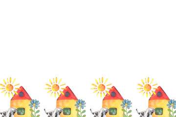 Naklejka premium Children drawing horizontal frame, house, sun, flowers, clay dog. Hand-painted watercolor illustration isolated on white for kids branding, preschool materials, nursery decor, poster, greeting card