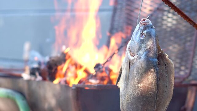 Blackfish hung up being dried before barbecue with burning wood fire in back