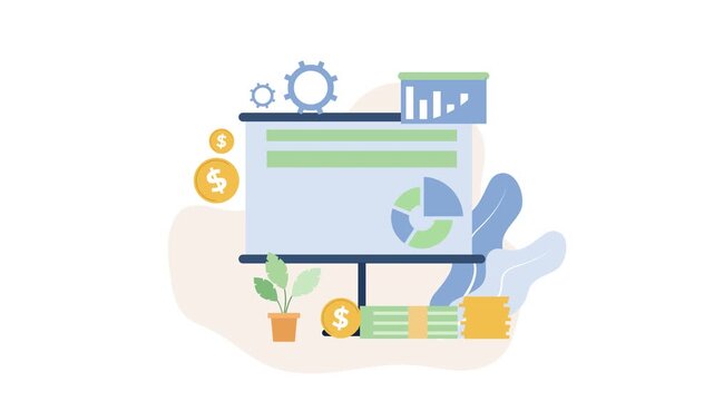 Flat design presentation board with gears and bar chart on white background easel stand