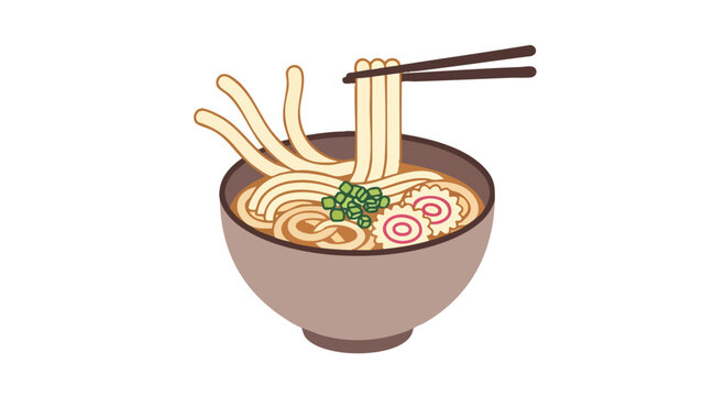 An illustrated bowl of a noodle dish is presented, featuring chopsticks holding noodles. The dish contains noodles, sliced green onions, and fish cakes