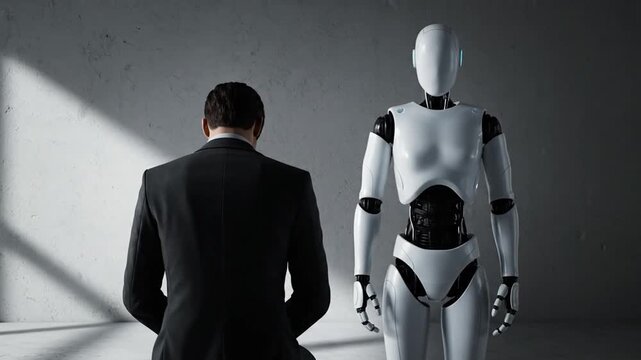 Man facing AI robot with future tech concept.