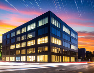 Obraz premium Dark modern office building with star trails and vibrant sunset modern architecture