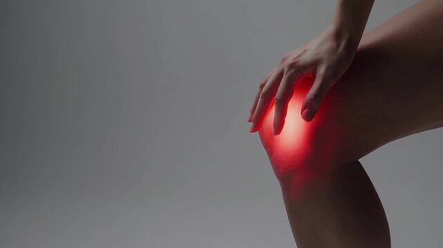 Woman experiencing intense knee pain, highlighted by red glow, touches her leg against a neutral gray backdrop, suggesting a medical condition or injury