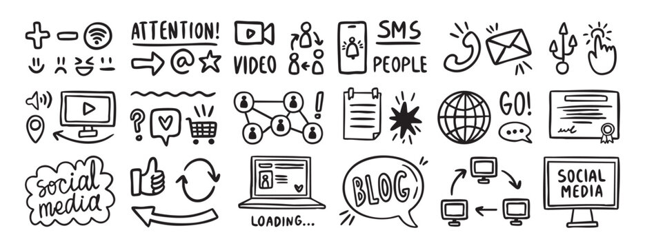 Social media signs and symbols set with hand drawn arrows, icons for app, trendy blogging, internet communication, creative digital