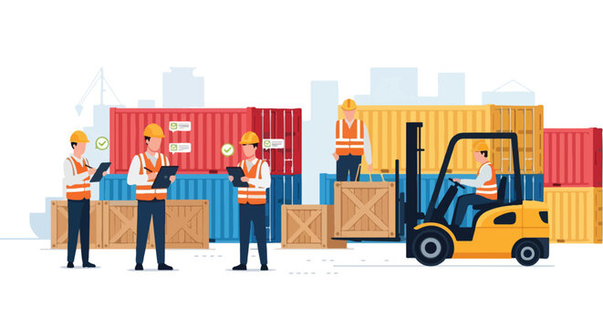 A flat minimalist vector image showing port workers checking shipments and paperwork, using simple character designs, a modern logistics theme, clean lines, flat colors, and a white background.
