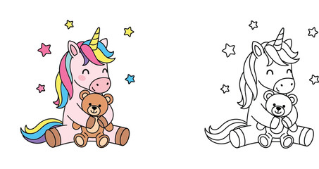 Obraz premium Cute Kawaii Unicorn Cuddling Teddy Bear Vector Illustration with Stars and Rainbow Mane, Coloring Page and Color Set for Kids Activities and Educational Materials