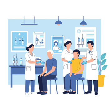 Medical professionals administering vaccinations to patients in a clinic setting.