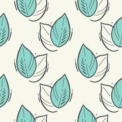 Fototapeta premium pattern with hand-drawn mint green leaves and black line art contours on off-white background, modern minimal botanical vector illustration for textile, wallpaper and eco-friendly branding