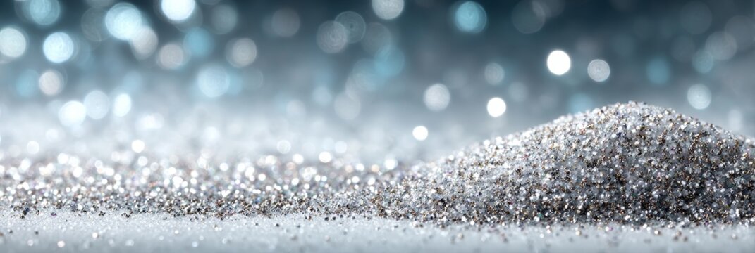 Close-up of silver glitter on sand with soft blue bokeh background, ideal for beachy decor, crafts, fashion textures, and party visuals