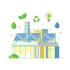 Fototapeta premium Modern Factory with Solar Panels and Green Energy Symbols.