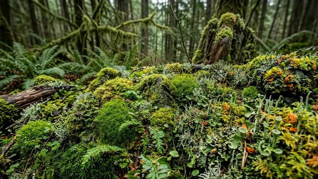Lush forest floor carpeted with vibrant moss and lichen under tree canopy