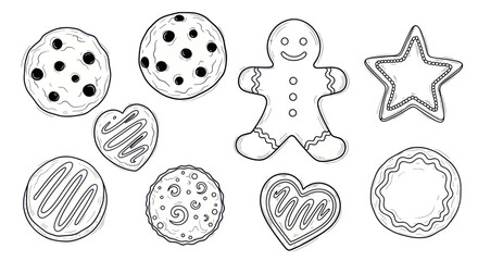 Hand-Drawn Christmas Cookies Collection: Gingerbread, Star, Heart, Round Shapes