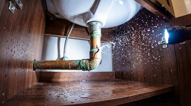 Broken pvc pipe spraying water under kitchen sink inside wooden cabinet illuminated by flashlight plumbing water leak repair concept