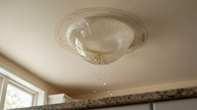Home ceiling light filled with water leaking onto kitchen floor roof damage emergency plumbing hazard water leak repair concept