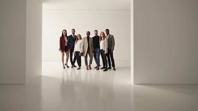Multicultural business team gathering in minimalist white studio, standing closely together and expressing unity, professional collaboration, and workplace diversity