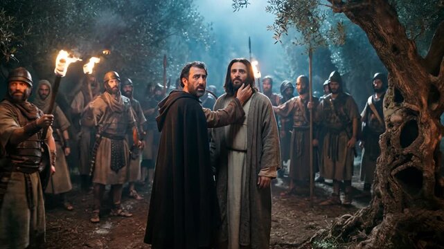 Gethsemane betrayal: man Judas kisses man Jesus as soldiers prepare for arrest in olive grove, gospel scene