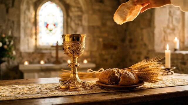 Holy Communion sacred ceremony with ornate chalice, bread, wheat and candle in ancient church