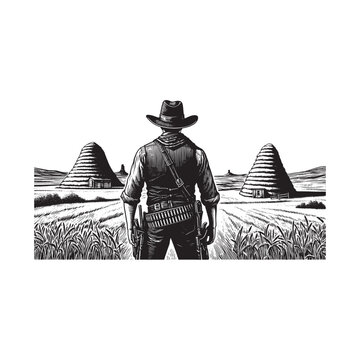 A cowboy stands in a field looking at haystacks
