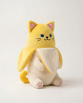 Yellow Cat Banana Plushie Toy Isolated on White