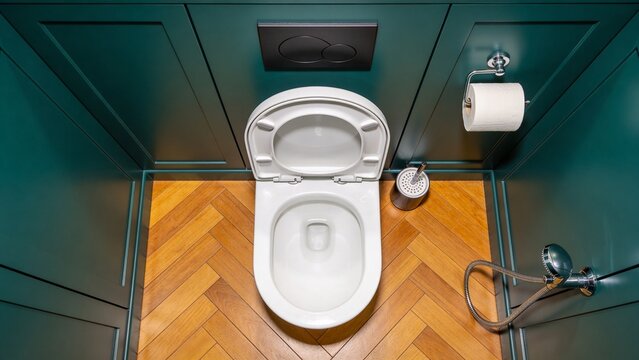Top view of clean modern toilet with flush plate, toiletpaper holder, brush and bidet sprayer in a stylish bathroom with teal wall and wooden floor.