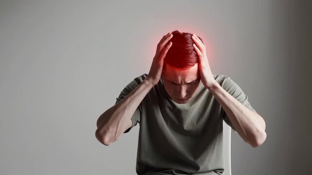 Migraine pain gripping man's head, red highlighted intense headache overwhelming individual, pressing temples while experiencing severe discomfort against white background