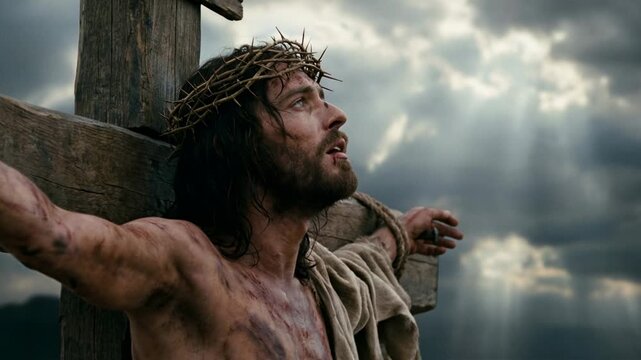 Man on cross in passion week scene with crown of thorns, jesus christ suffering crucifixion against dramatic sky