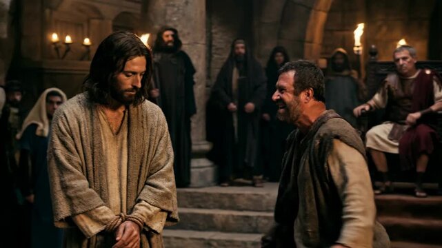 Jesus on trial before pontius pilate with barrabas being released. Religious scene depicting biblical suffering and forgiveness.