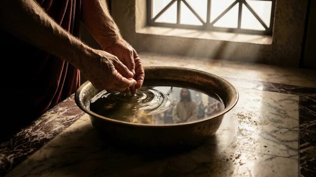 Pontius Pilate washing hand in basin with reflection of Jesus Christ. Biblical trial scene where governor prepares to release Barabbas. Religious history drama.