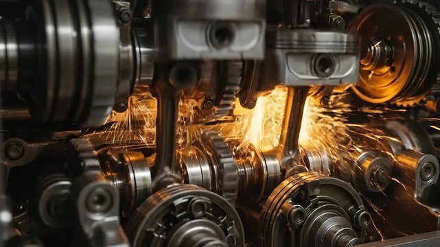 Close up of internal combustion engine components with moving gears, connecting rods, and bright sparks flying during operation.