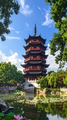 Fototapeta premium A serene pagoda stands by a pond surrounded by lush greenery