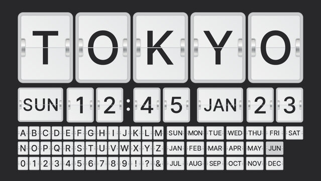 Flip Clock Display Alphabet and Calendar Set. Mechanical Split Flap Letters, Numbers, Days and Months Elements Vector Illustration