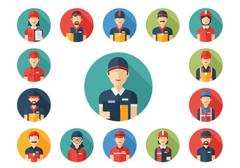 Fototapeta premium Delivery man with various helpers icons.