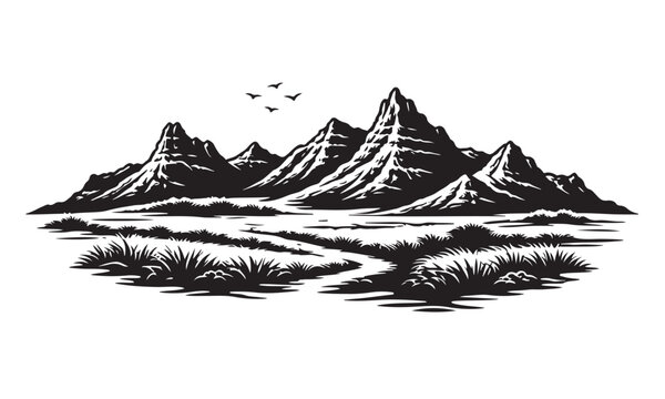 Badlands National Park Silhouette, Silhouette Vector, Isolated on White Background
