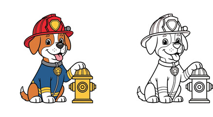 Cute Firefighter Puppy Dog with Fire Hydrant Illustration - Colored and Line Art Versions for Kids Coloring Page Activities