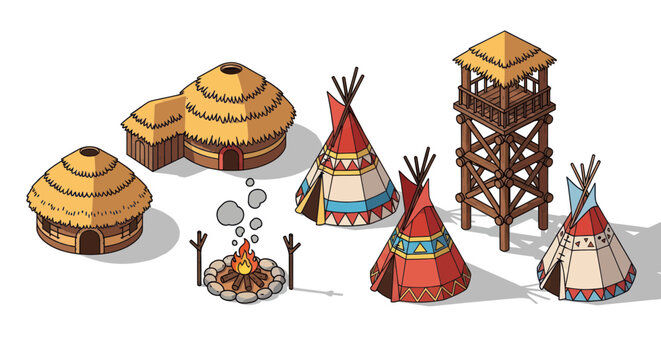 Native American Village Scene: Teepees, Huts, Campfire, and Watchtower
