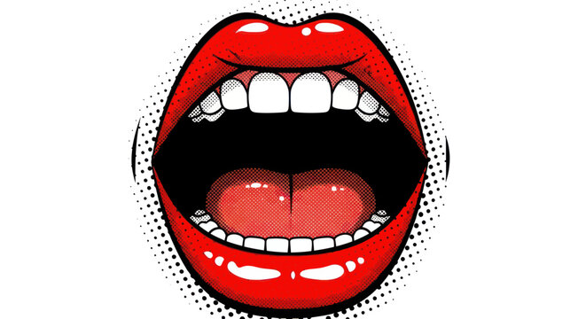 Open Mouth Red Lips Biting Tongue Pop Art Style Illustration