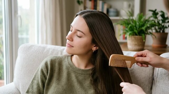 Young woman with long brown hair enjoying a gentle hair brushing session indoors
