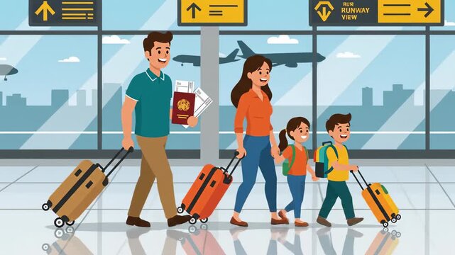 Animated family travel vector at airport with luggage and passports ready for vacation travel adventure together