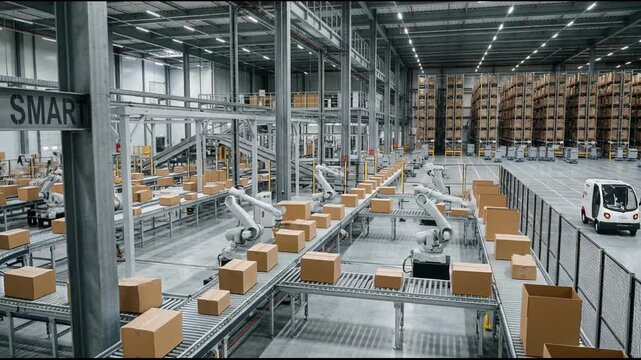 Smart industrial warehouse featuring advanced robotic automation and conveyor systems for streamlined package handling and global business logistics