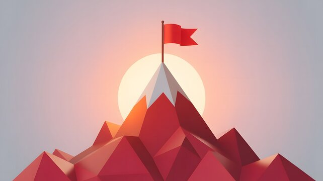 Red flag atop a geometric mountain peak against a soft sunset and sun backdrop.