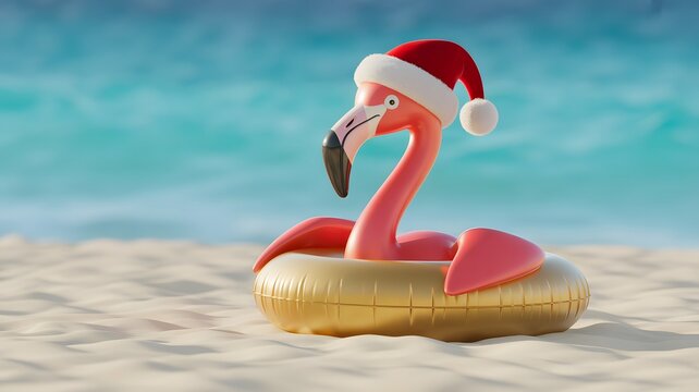 Festive Flamingo Float Wearing a Santa Hat on a Sandy Beach with Turquoise Ocean Background