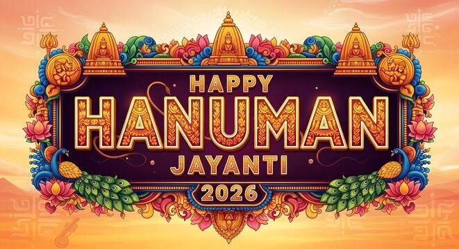 Happy hanuman jayanti 2026 celebration with decorative ornate frame and vibrant colors
