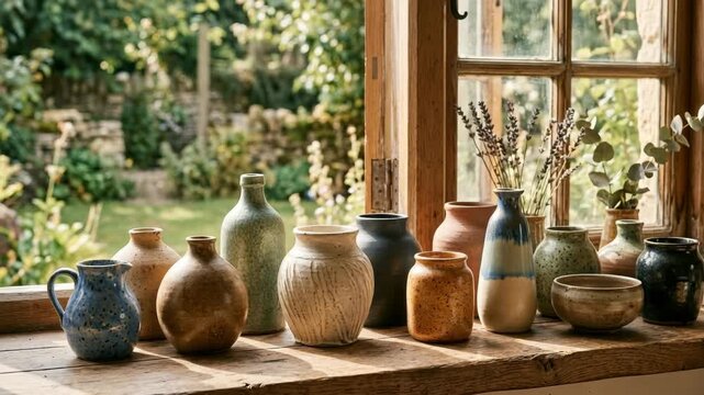 Collection of ceramic vases and pottery arranged on a wooden windowsill overlooking a garden