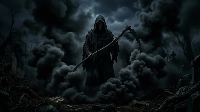 Grim Reaper in dark cemetery surrounded by smoke and ominous clouds
