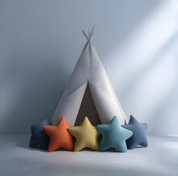 Colorful star shaped pillows arranged in front of a teepee