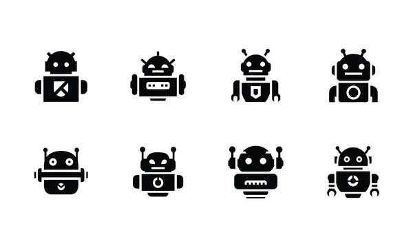 Collection of eight unique robot icons in black and white