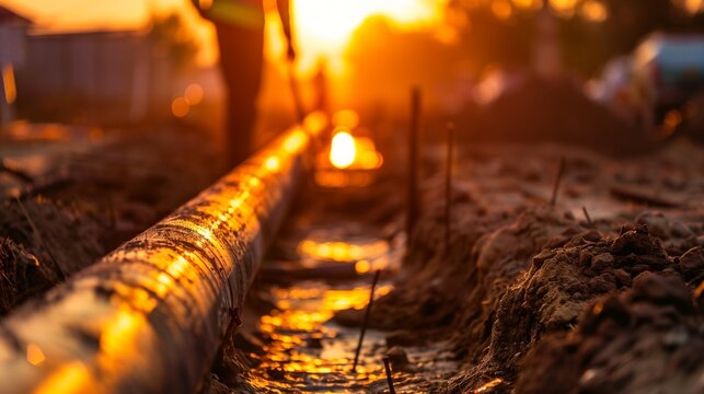 Corrugated drainage pipe laid in an excavated trench at a construction site during installation, symbolizing underground utility, water management and civil engineering work.