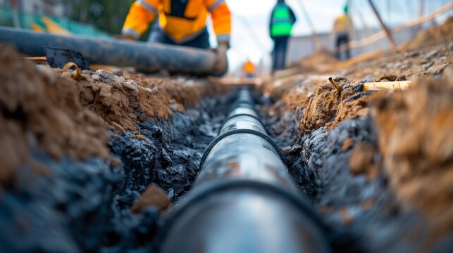 Corrugated drainage pipe laid in an excavated trench at a construction site with workers installing underground utility for water management and sewer infrastructure.