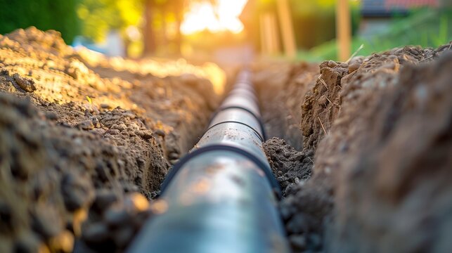 Black corrugated drainage pipe laid in an excavated trench at a construction site, depicting underground utility installation and water management work by civil engineering crew.